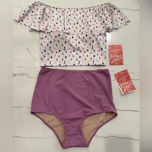 Kortni Jeane White and Purple Bikini Set Off-Shoulder Style